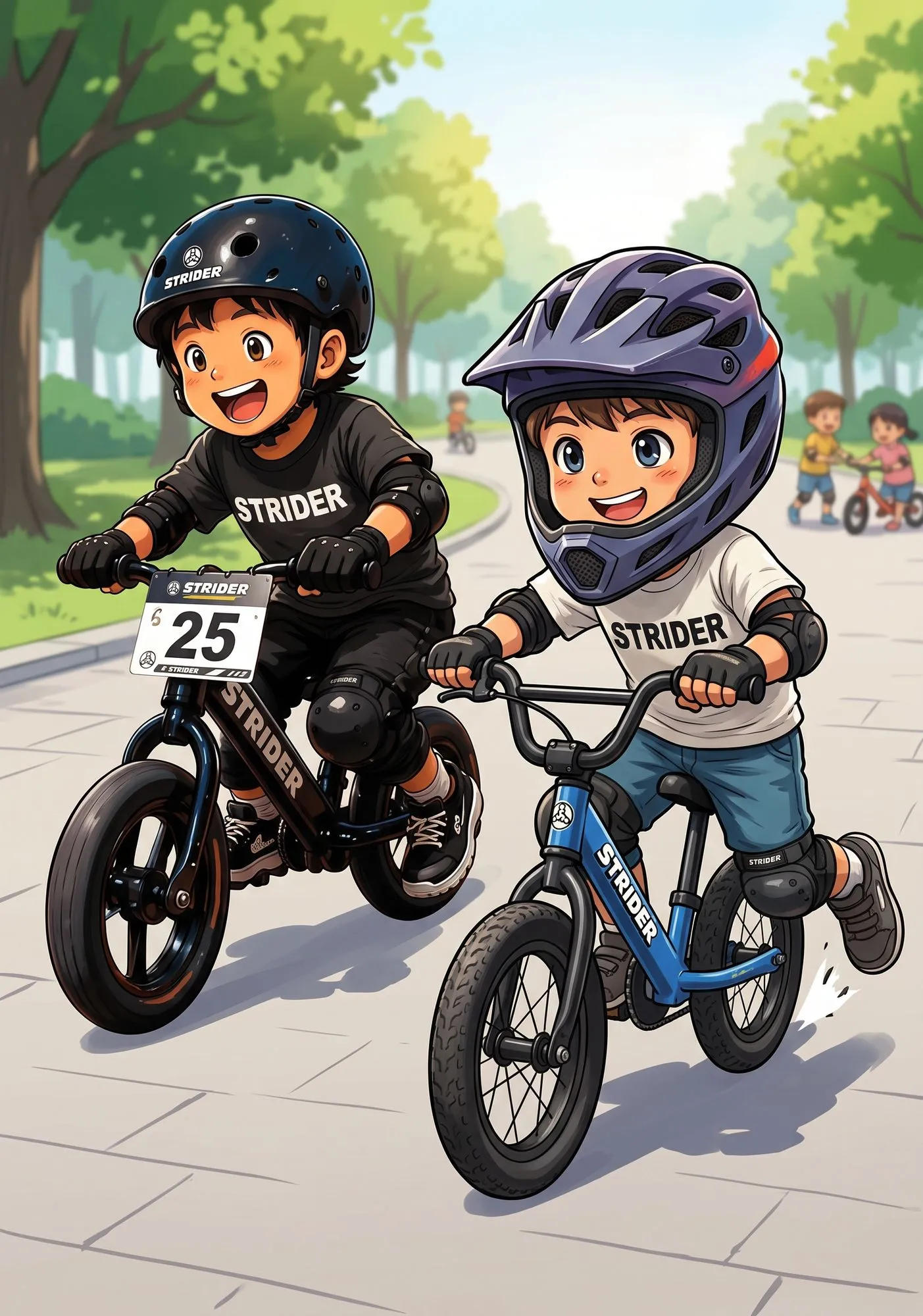 ヘルメットとプロテクターを着けてランバイクで走る子どもたちのイラスト